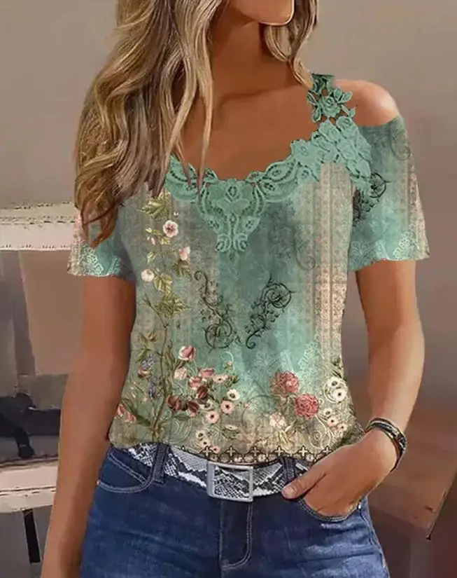 

Women Floral Tribal Print Top Summer New Casual Blouses Short Sleeve Contrast Lace Daily Cold Shoulder Top T-shirts Streetwear