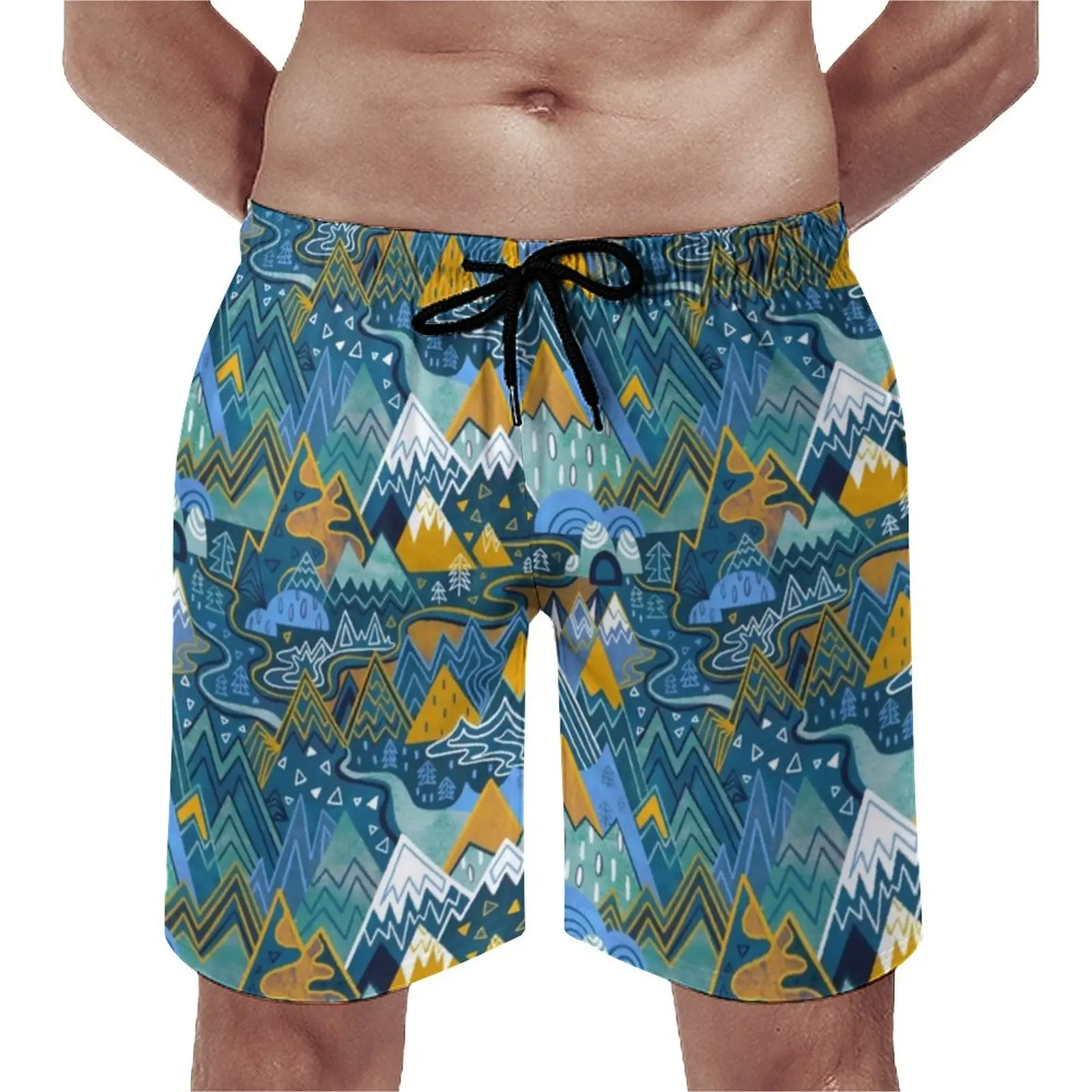 

Mountains Art Board Shorts Summer Maximalist Mountain Maze Running Beach Shorts Men's Quick Drying Retro Graphic Swimming Trunks