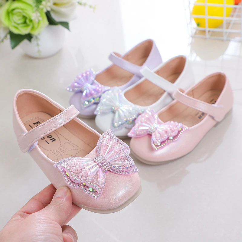 

Girls Princess Shoes Kids Fashion Bow Rhinestones Beading Children Flats Rubber Leather Shoes For Evening Party Spring Fall 2022
