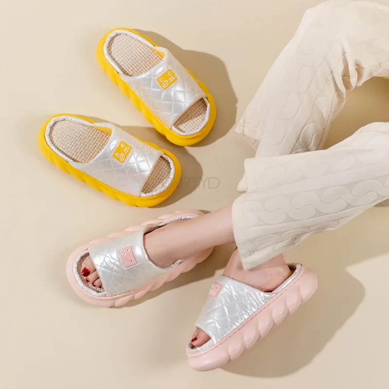 Down Cloth Designed Women's Home Slippers Linen Open Toe Indoor Slippers Female EVA Non-Slip Thick Sole Woman Winter Slippers