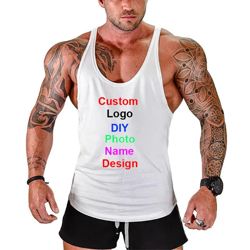 

DIY Logo Photo Name Design Customized Summer Fitness Mens Gym Clothing Bodybuilding Stringer Tank Top Cotton Sleeveless Shirt