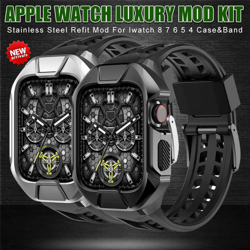 

44mm 45mm Sport Modification Kit Case Rubber Band For Apple Watch Series 8 7 6 5 4 Strap Bumper Case Kit For iWatch SE 654