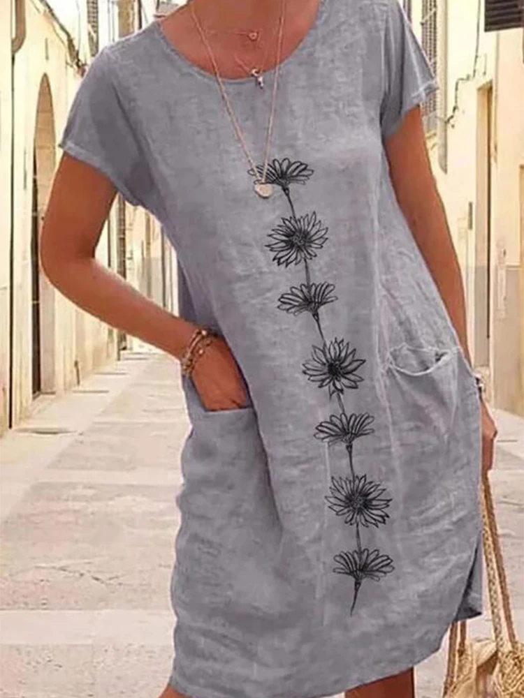 

Vintage Floral Print Cotton Linen Dress Women Spring O Neck Pocket Party Dress Summer Short Sleeve Loose Beach Dresses Vestidos