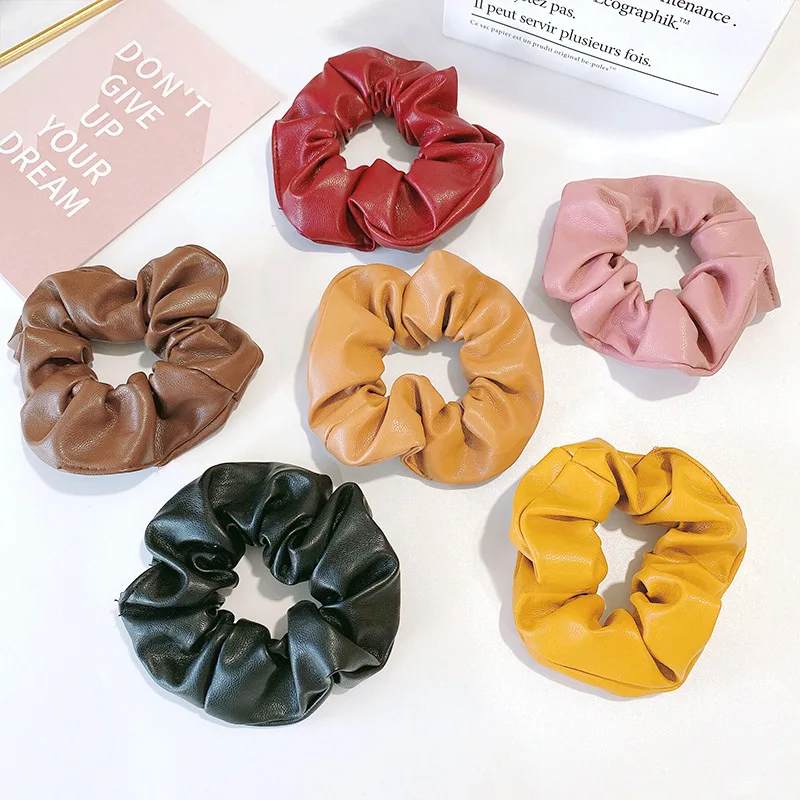 

New Black PU leather tie hair ring horsetail solid color large intestine ring Girls' Women Hair Accessories