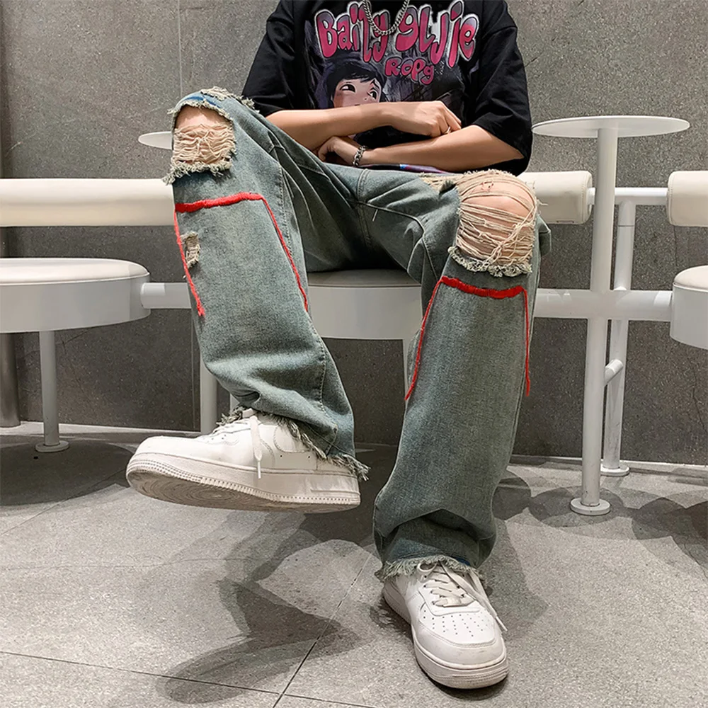Men Y2k Jeans Baggy Ripped Fashion Vintage Blue Hole Pants Casual Gothic Straight Hip Hop Male Denim Streetwear Clothes