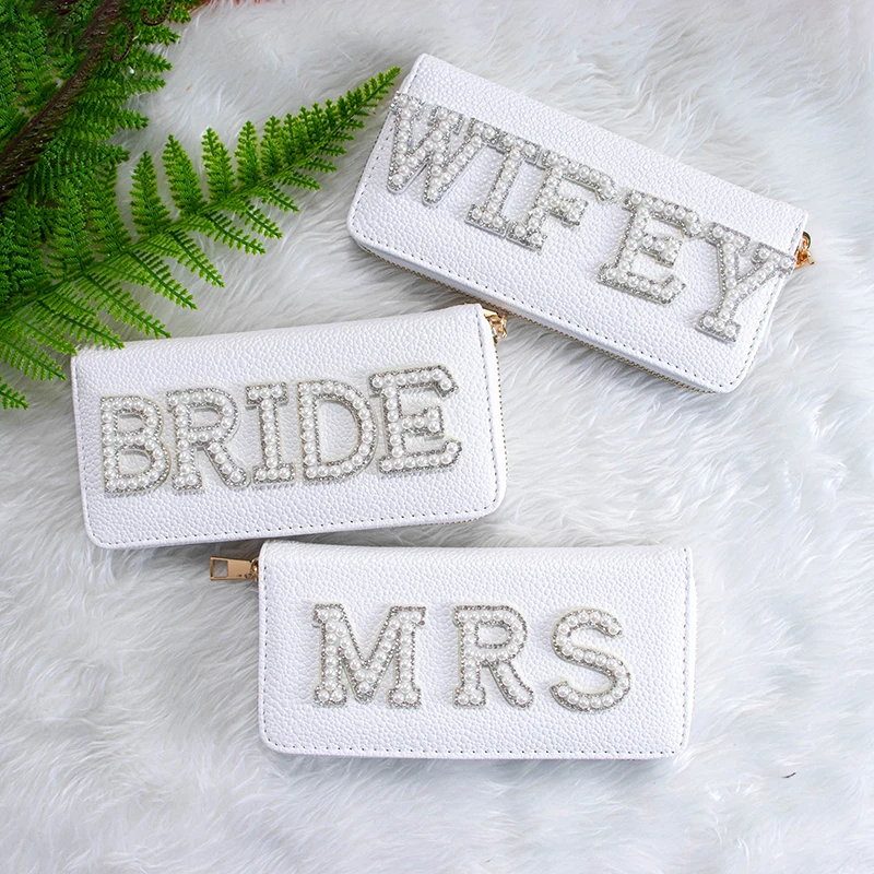 

Bride wifey Mrs wallet Bag Bachelorette hen Party Bridal Shower wedding engagement girls trip Bach weekend honeymoon trip Gift