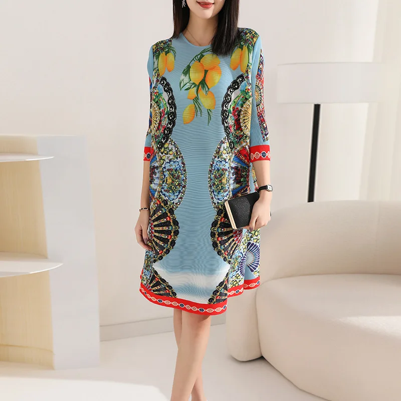 

Dress Women's Spring/Summer New Fashion Temperament Large Print Beaded Pleated Midlength Dress