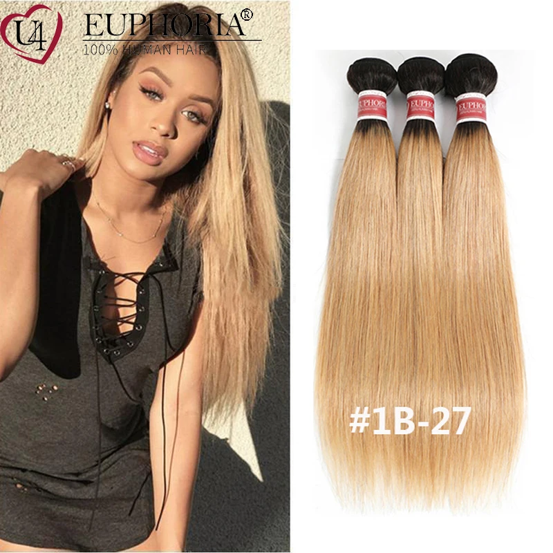 

Ombre Color Straight Hair 3 Bundles 1B Blonde 27# Color Brazilian Remy Human Hair Weaving Extensions 3/4 Pcs Bundles Euphoria