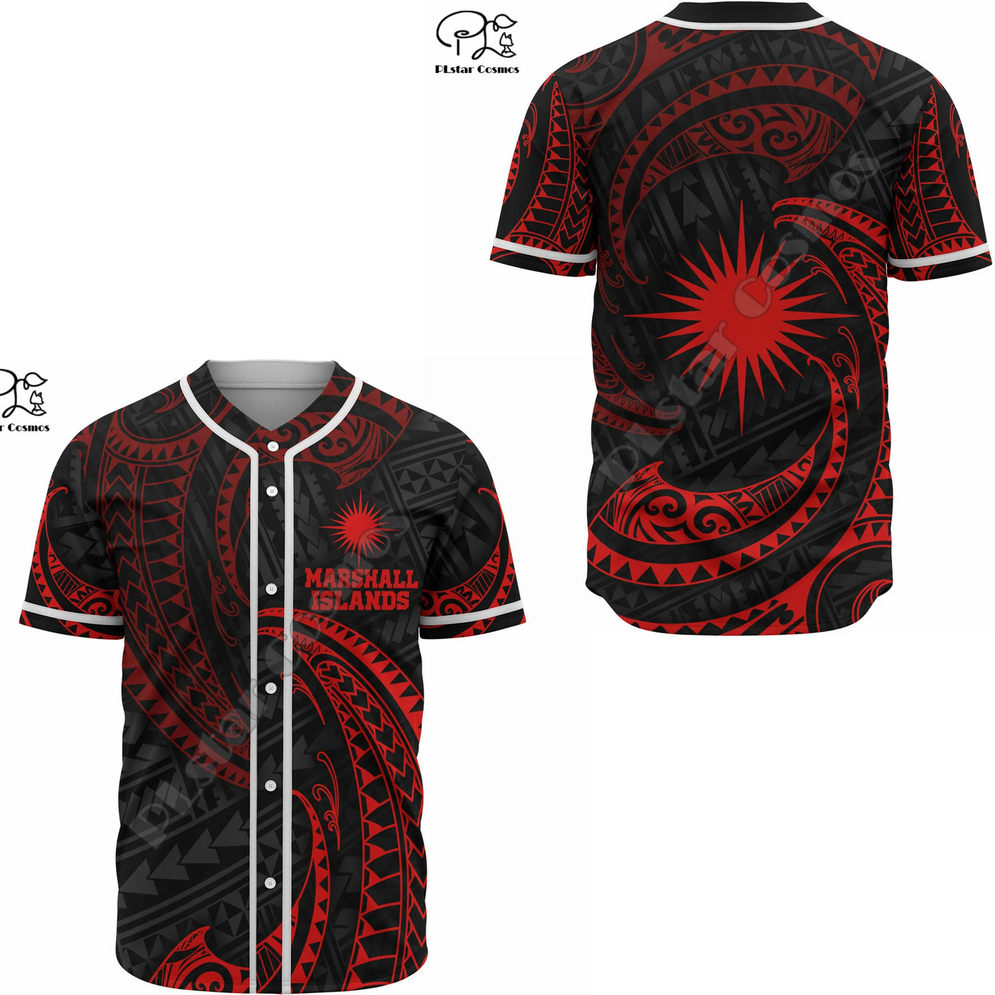 Marshall Islands Polynesian Flag Tribal Culture Retro Tattoo 3DPrint Men/Women Summer Baseball Jersey Shirts Short Sleeves X2
