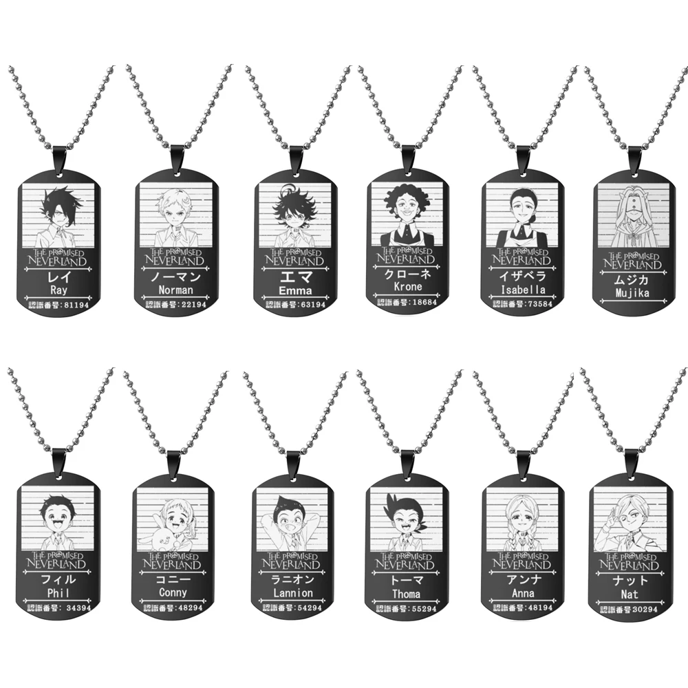 Улица анимации японского аниме "Обещанный Неверленд": чёрные нержавеющие стальные кулоны с дог-тегами для мужчин и женщин, украшение для косплея.
