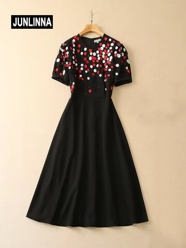 

JUNLINNA Runway Fashion Women Party Dresses Spring Summer Appliques Flower Embroidery and Beading Sliming Midi Vestidos
