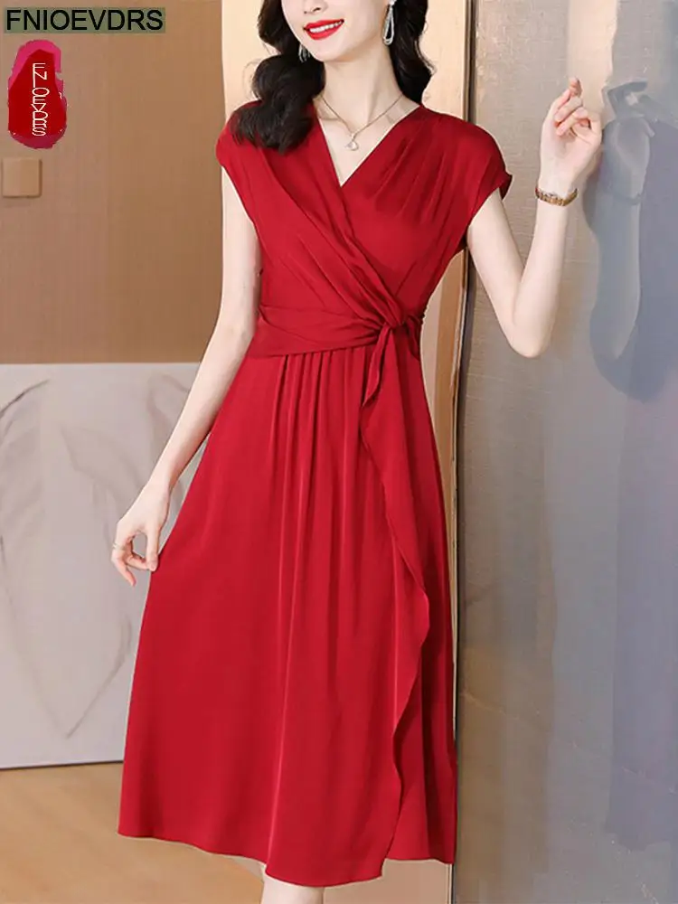 

2022 Woman Summer Short Sleeve Casual Office Lady European Style Elegant Fashion Loose Solid Bling Red Party Ruffles Dress