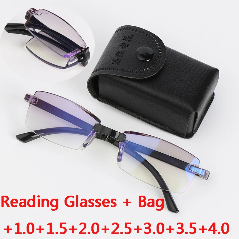 

2020 New Frameless Diamond Trimming Reading Glasses Anti-Blue Light Blue Film Glasses One Men Folding Reading Glasses With Case