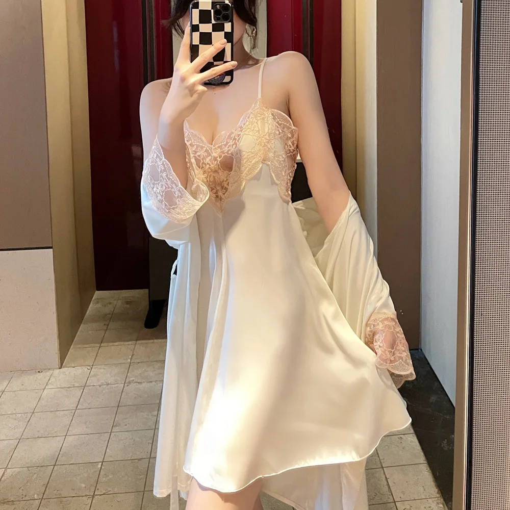 

Lace nightdress women's new spring and autumn ice silk pajamas two-piece set sling dressing gown bride noble tracksuit