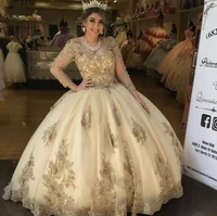 sweet 15 year champagne quinceanera dresses with 34 sleeve ball gown cut out corset back tulle puffy pageant debut party gowns