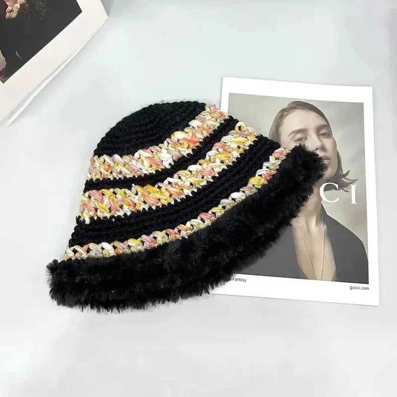 Wholesale New 2024 Korean Style Colorful Striped Plush Fishing Cap Women's Large Head Circumference Warm Thickened Pot