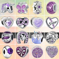 2022 new purple charm heart sister mom zircon fashion beads fit original pandora charms silver color bracelet women diy jewelry