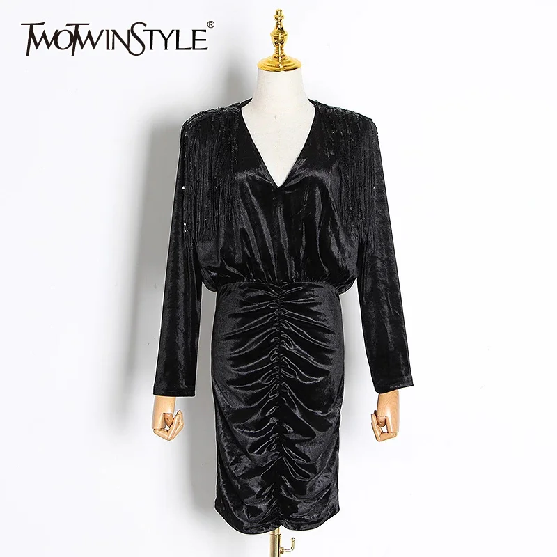 

TWOTWINSTYLE Patchwork Tassel Velvet Dress For Women V Neck Long Sleeve High Waist Slim Sexy Mini Dresses Female Fashion 2022
