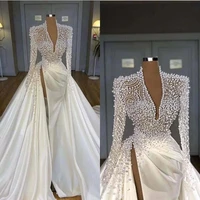 2022 vintage pearls mermaid wedding dresses long sleeve v neck bridal gowns with detachable train high side split robe de mari%c3%a9e
