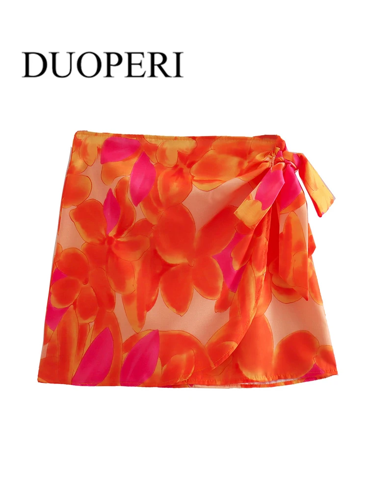 

DUOPERI Women Fashion Asymmetrical Printed Mini Skirt With Knot Vintage Side Zipper High Waist Female Skirts Mujer Outfits