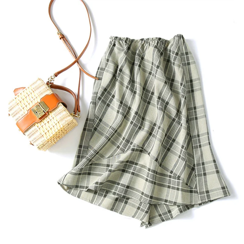

High quality Casual temperament linen skirt women summer design elegant plaid umbrella skirt 2022 new skirt women clothing K1003