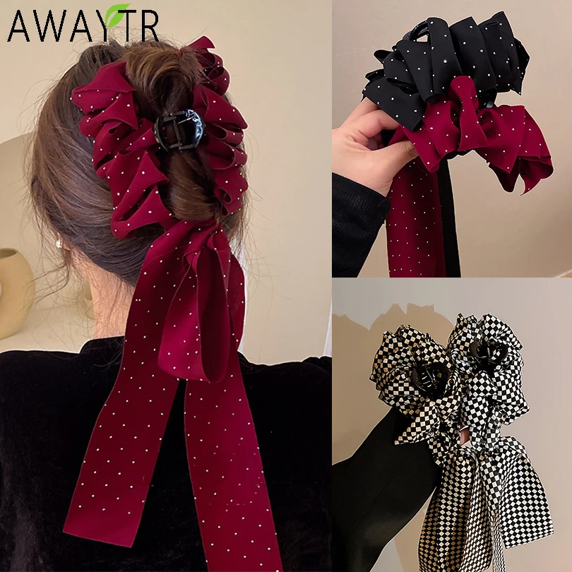 

AWAYTR Design Ruched Ribbon Bow Hair Claw Crab Clips Headband Women's Hair Accessories Dot/Plaid Print Hairpin Clamp Barrettes