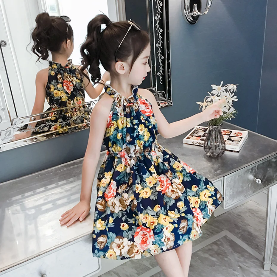 Летнее платье для девочек с цветочным принтом детское без рукавов одежда