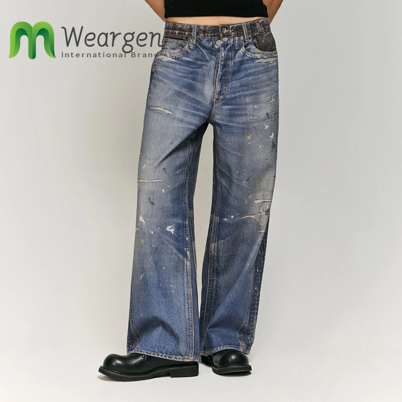 Мужские потертые рваные джинсы с цифровым принтом в стиле ретро осенне-зимние