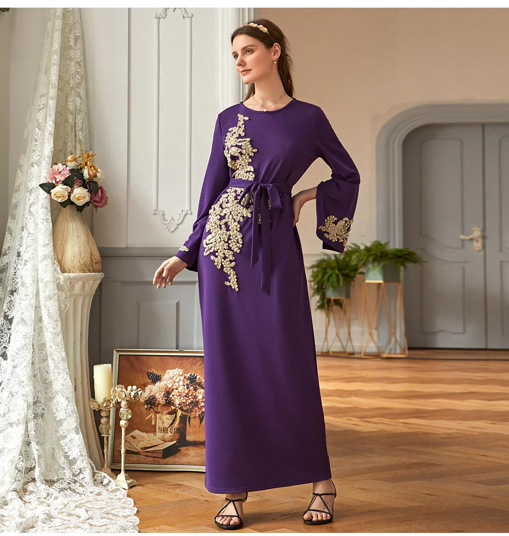 

Women Round Neck Kaftan Beaded Türkiye Dubai Gown Dress Muslim Abaya Long Sleeve Maxi Party Evening Prom Dresses Femme Robes