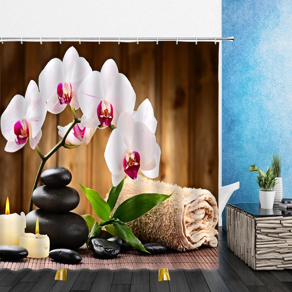 

Zen Spa Lotus Japanese Meditation Shower Curtain Basalt Stones Herbal Oil Scent Candles Bamboo Water Home Decor Waterproof Set