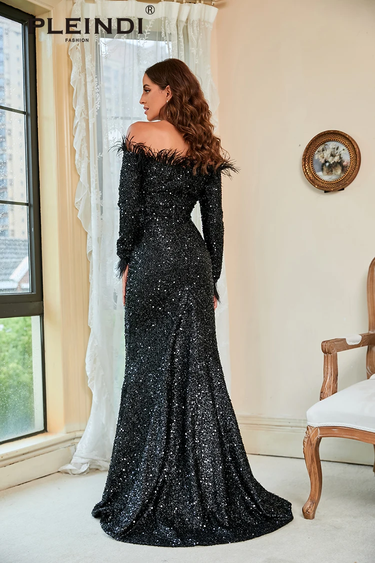 PLEINDI Luxury Evening Dresses Boat Neck Off the Shoulder Mermaid Floor-Length Sequin 2022 New of Ruched Exquisite Prom Dress