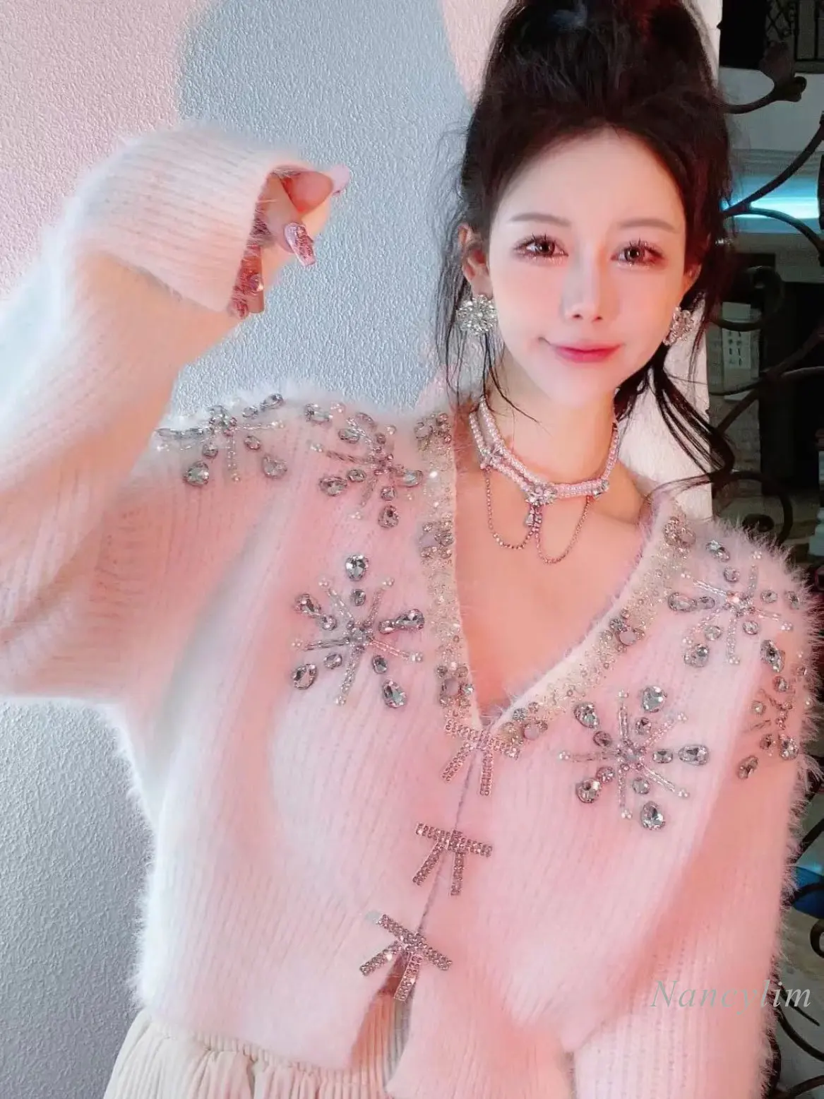 

Temperament Mink Short Sweaters Women's Clothing Beaded Bowknot Single-Breasted Loose V-neck Pullovers 2022 Autumn Winter