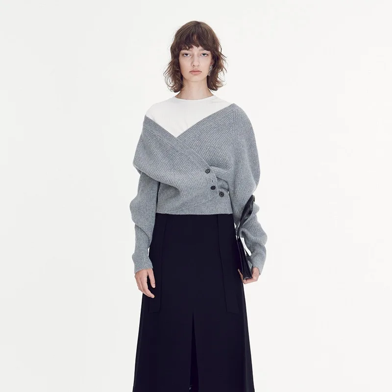 

Rect* Women's wool sweater 2023 New Asymmetric design v neck off shoulder Knitwear Minimalist solid color Sweater Free Shipping