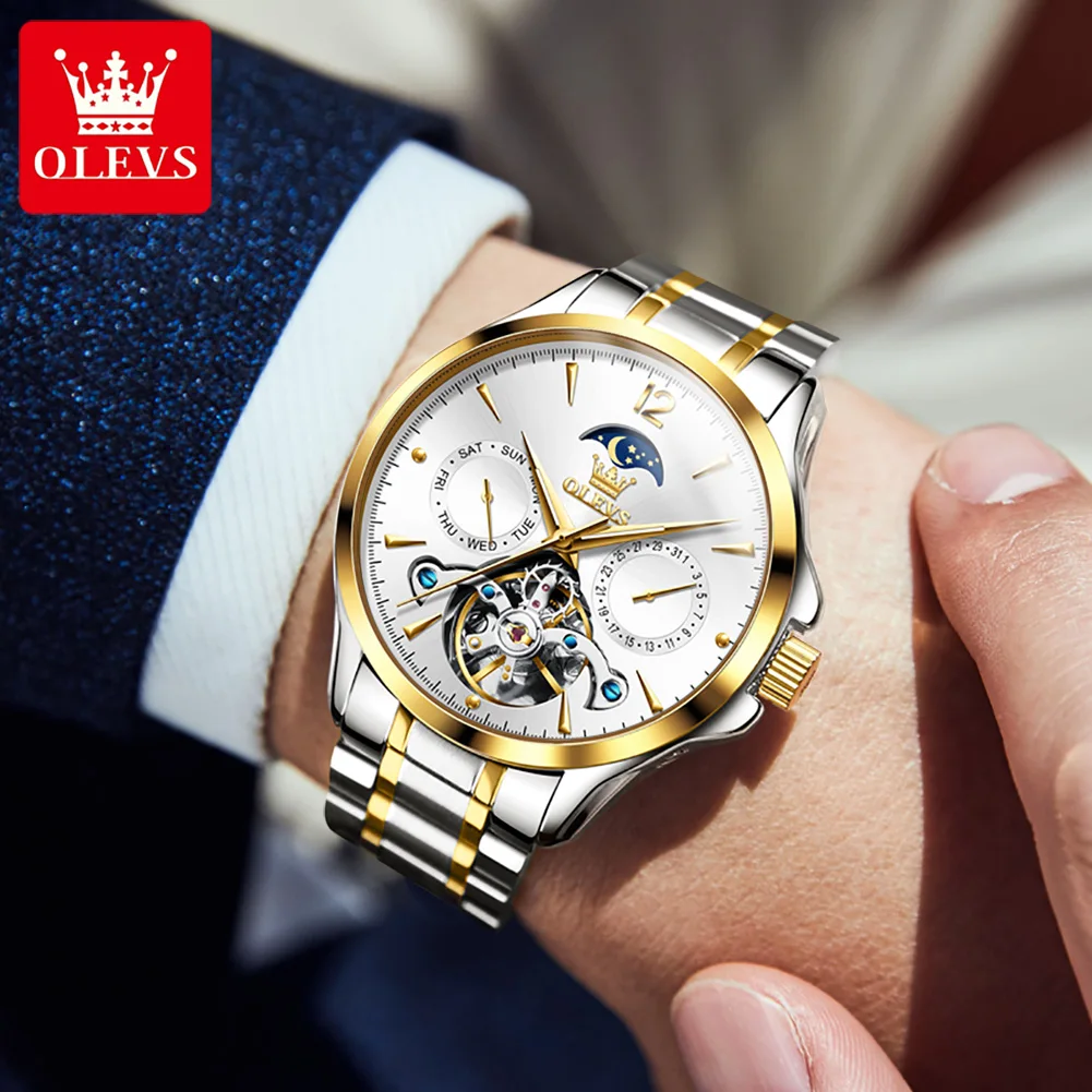 OLEVS Moon Phase Watch for Men Automatic Mechanical Wristwatches Luxury Skeleton Tourbillon Waterproof Watches Male Moonswatch enlarge
