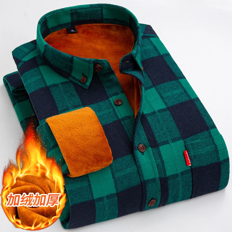 2022 Men Warm Shirt Plaid Business Casual Brushed Plus Velvet Thick Shirt Middle-aged Fashion All-match Loose Top Plus Size 4XL