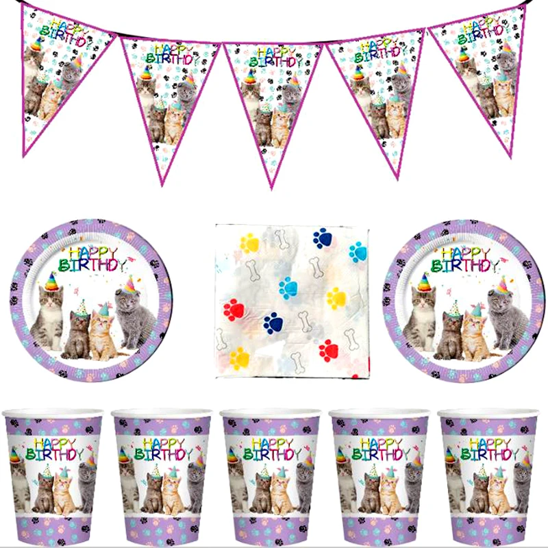 

80pcs/lot Pet Cat Theme Happy Birthday Party Napkins Plates Cups Decorations Flags Boy Kids Favors Baby Shower Hanging Banner