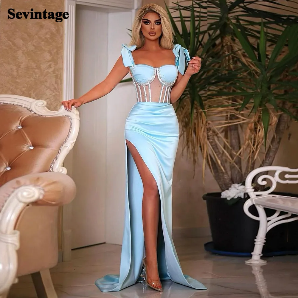 

Sevintage Sky Blue Satin Beaded Evening Dresses Mermaid See Through Body Bones Prom Gowns Hight Slit Pleated Formal Party Dress