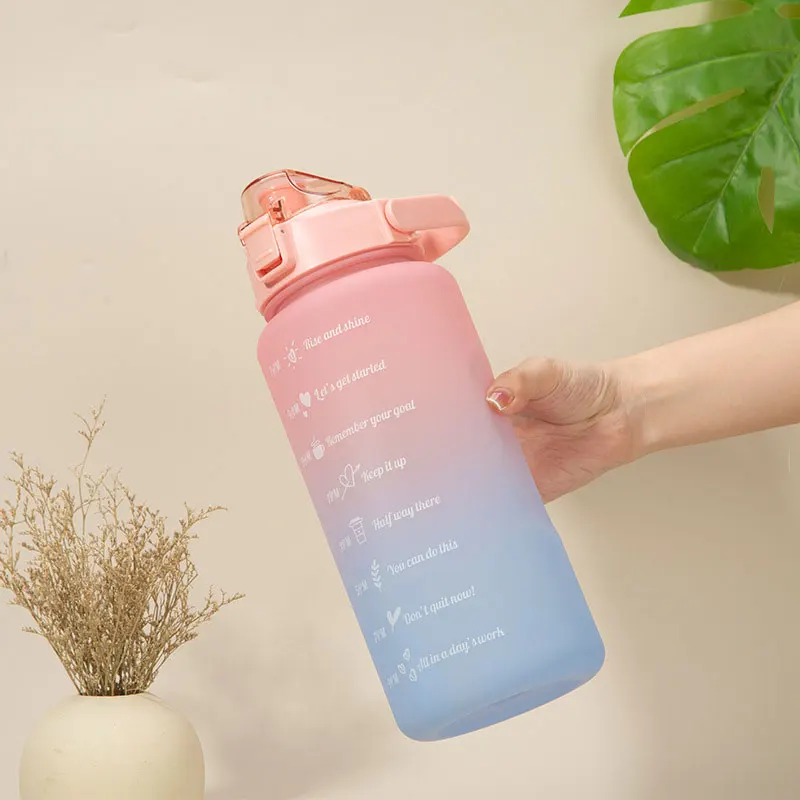 

2 Liters Capacity Water Bottle with Straw Gradient with Color Hand -assisted Accessories Bring Time Marking Large Plastic Cups