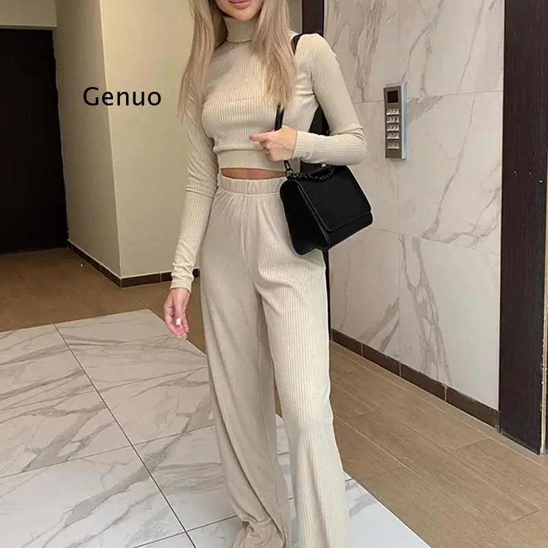 

2 Two Piece Pants Set Long Sleeve Ribbed Bodycon Crop Tops Loose High Waist Wide Leg Pants Fall Casual Suit Joggers Women Set