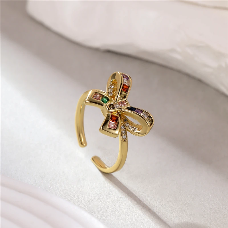 

European And American Trend New Copper Metal Luxury Zircon Bow Ring For Women Fashion Retro Style Girl High Jewelry