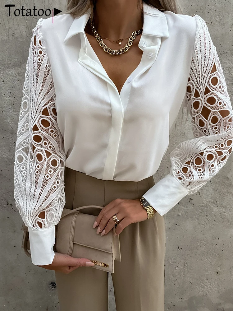 

Totatoop Sexy Hollow Out Lace Blouse Shirts For Women 2022 Srping Buttons White Blouse Tops Office Lady Casual Loose Tops Black