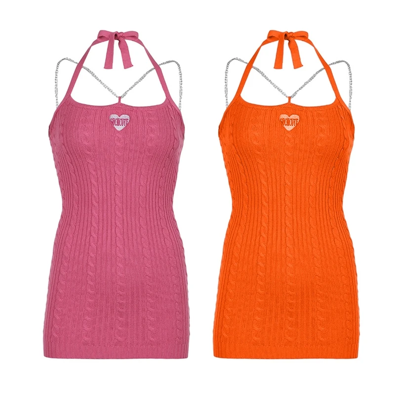 

Halterneck Knitted Suspender Dress Women Summer Fashion Slim Cropped Sling Dress Solid Sleeveless Spaghetti Straps Dress