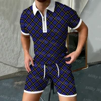 mens summer tracksuit 2 pieces lattice polo shirt shorts set casual turn down collar t shirt suit male fashion clothing outfits