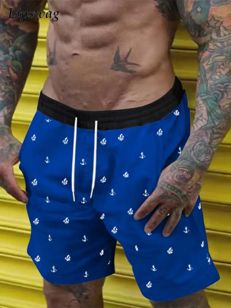

Summer Beach Seaside Shorts Men Casual Drawstring Mid Waist Tie-up Short Pant Vintage Pattern Print Shorts Mens Fashion Clothing