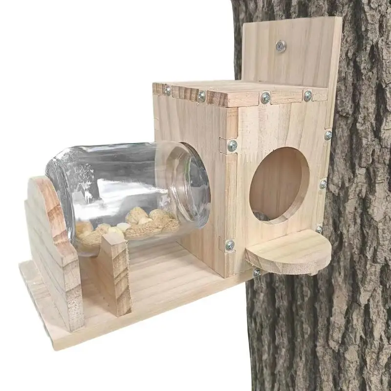 

Wooden Squirrel Feeder With Transparent Bottle Sturdy Durable Easy To Clean Squirrel Feeding Station With Transparent Bottle