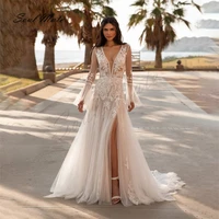boho sexy split a line beach wedding dress for women v neck applique bridal gown illusion backless bridal dress robe de mari%c3%a9e