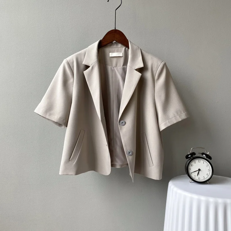 Short Sleeve Blazer Coat Woman Summer 2023 Causal Thin Fashion Korean Blazers Loose Mini Tops New Solid Button Loose Jacket