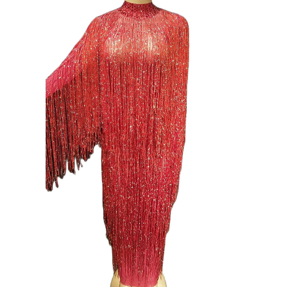 

Sparkly Fringes Tassel Turtleneck Women Floor-Length Dress Bright Diamonds Net Yarn Dresses Nightclub Stage Performance Costume