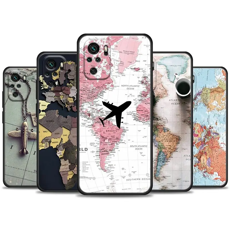 

Phone Case for Redmi Note 7 8 8T 9 9S 9T 10 11 11S 11E Pro plus 4G 5G Soft Silicone Case Cover World Map Travel