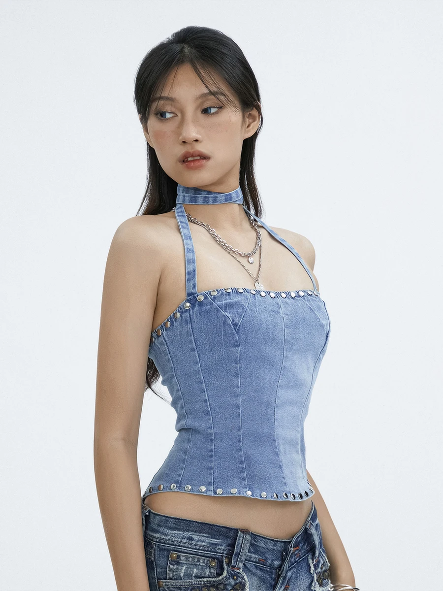 

Sexy Slim Fit Camisole Women Halter Tank Tops Summer Sleeveless Contrast Color Denim Tanks Y2K Rivet Vests Party Fairy Clothes